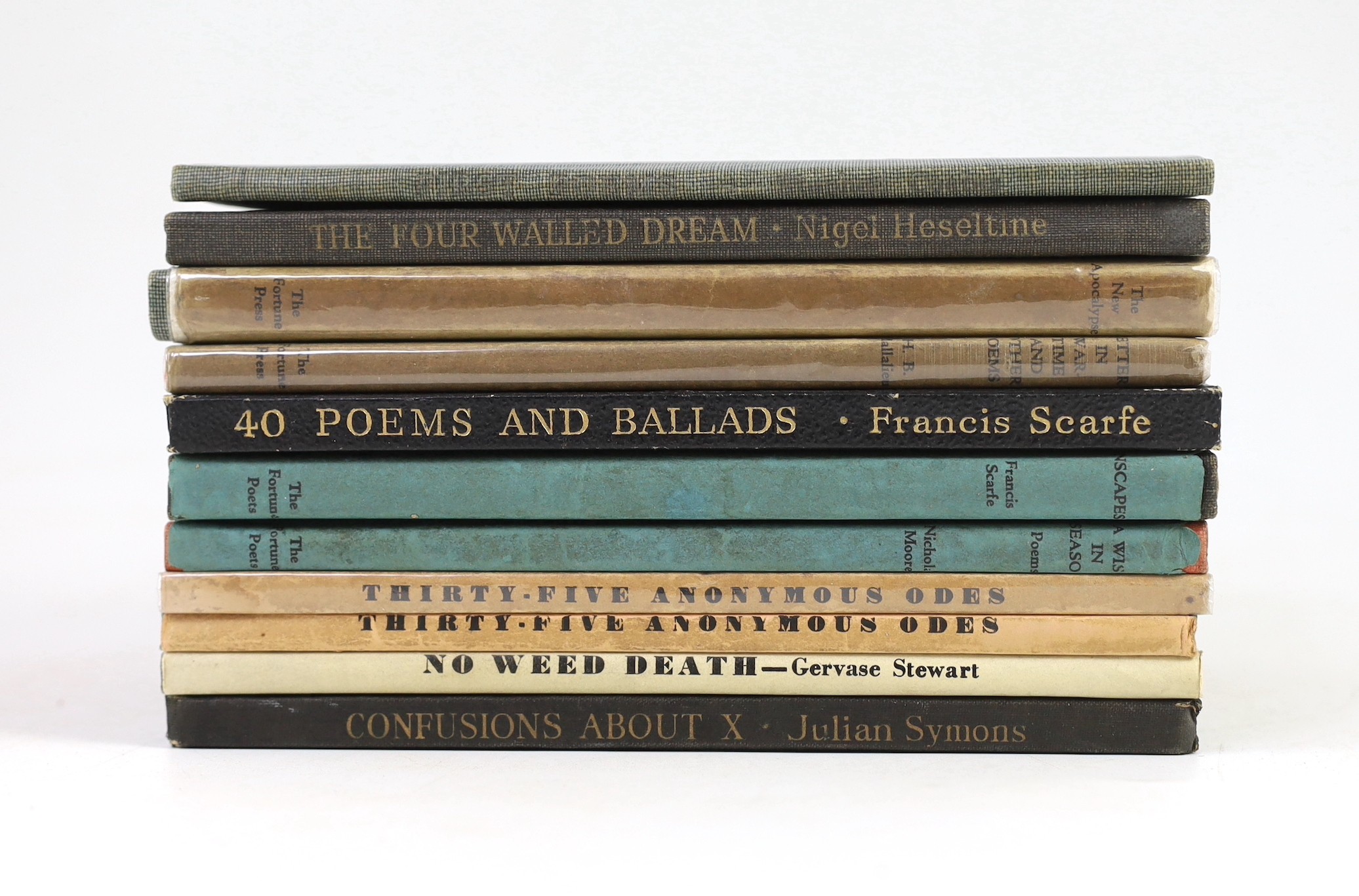 20th century Poetry - 11 Fortune Press Publications - Symons, Julian - Confusion About X, frontis portrait by Wyndham Lewis, 1939; Stewart, Gervase - No Weed Death, with portrait frontis, in d/j, [1942]; [Moore, Nicholas